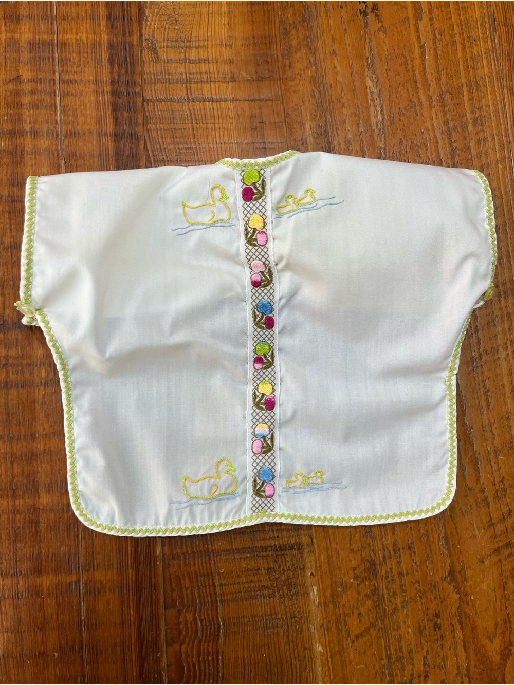 Vintage Baby Bib Smock with Embroidery, Green Trim & Buttons